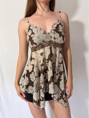 Brown Floral Babydoll Silky Ruffle Y2K Fairy Top